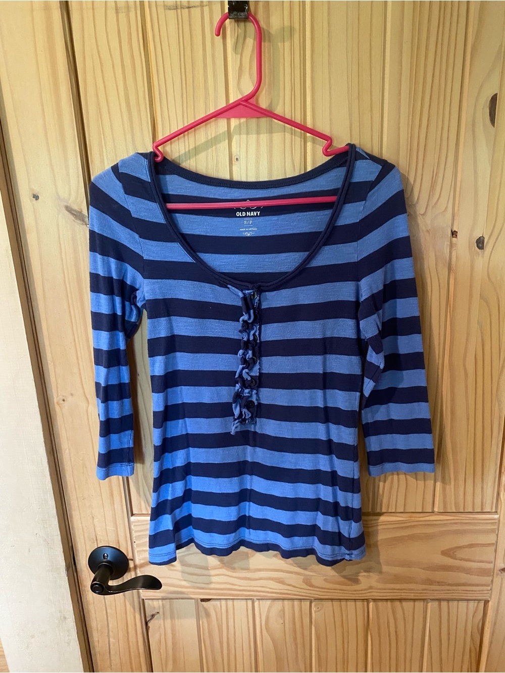 Old Navy Navy and Blue Striped Scoop-Neck Ruffle-Front Top